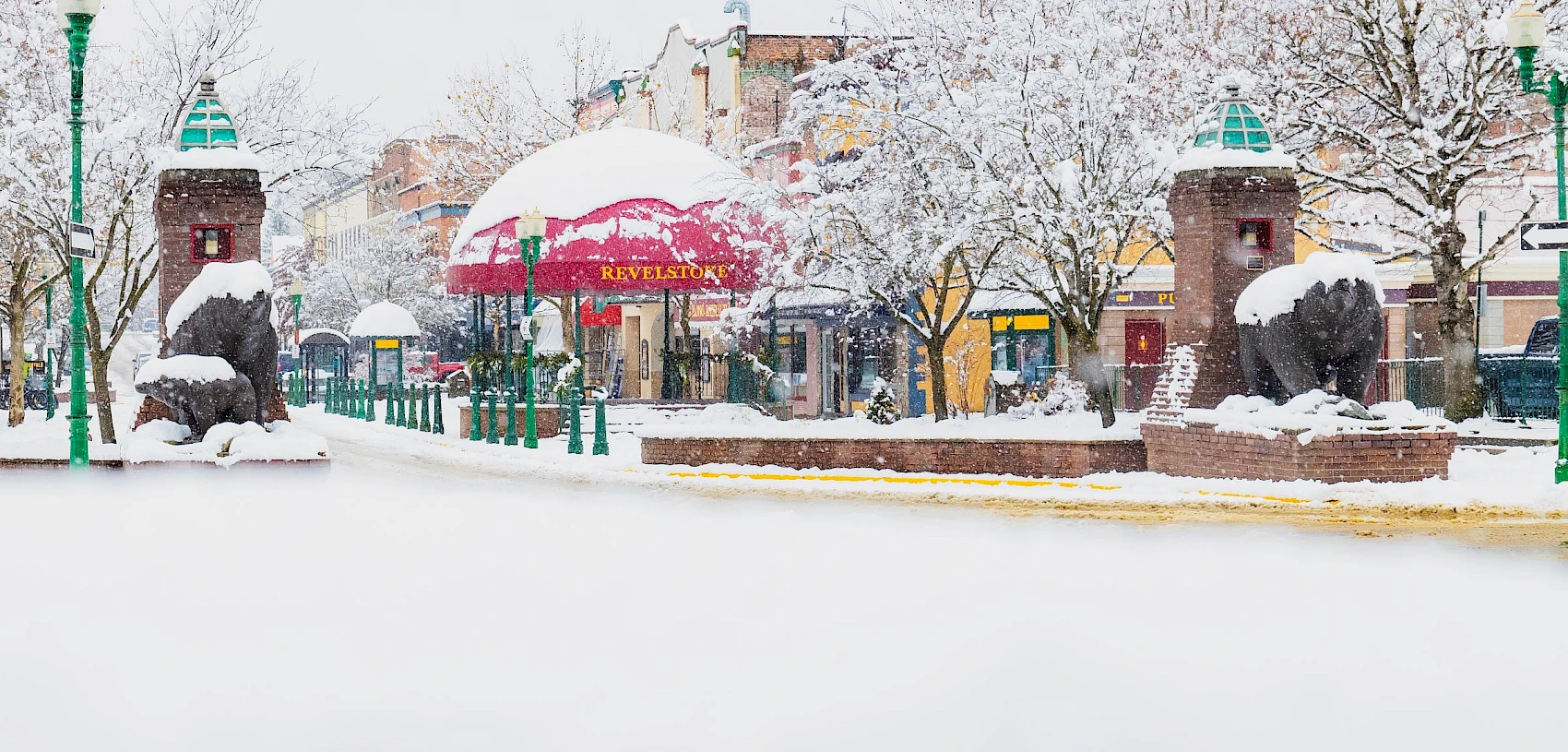 Winter scene of Revelstoke town with snow-covered streets